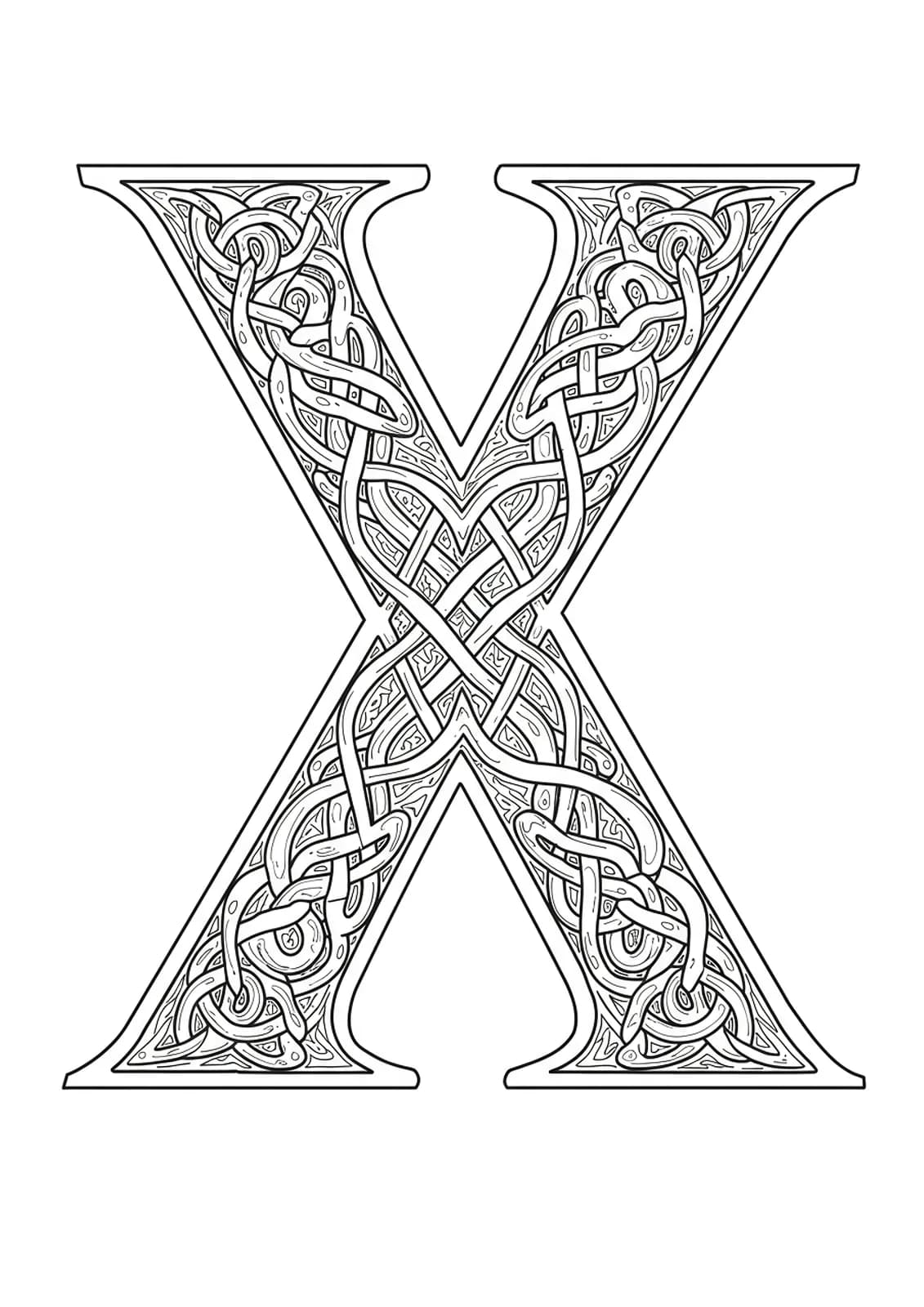 Letter X interlaced with detailed and complex Celtic knotwork patterns, intricate and suitable for adult coloring.