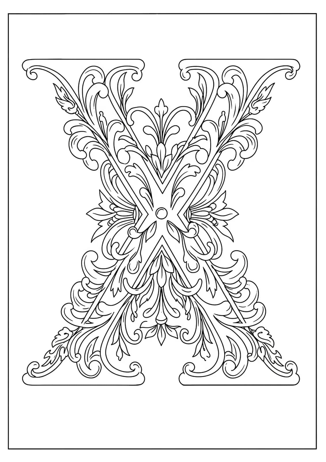 Letter X with complex Art Nouveau patterns, swirling lines, and floral elements, designed for adult coloring.