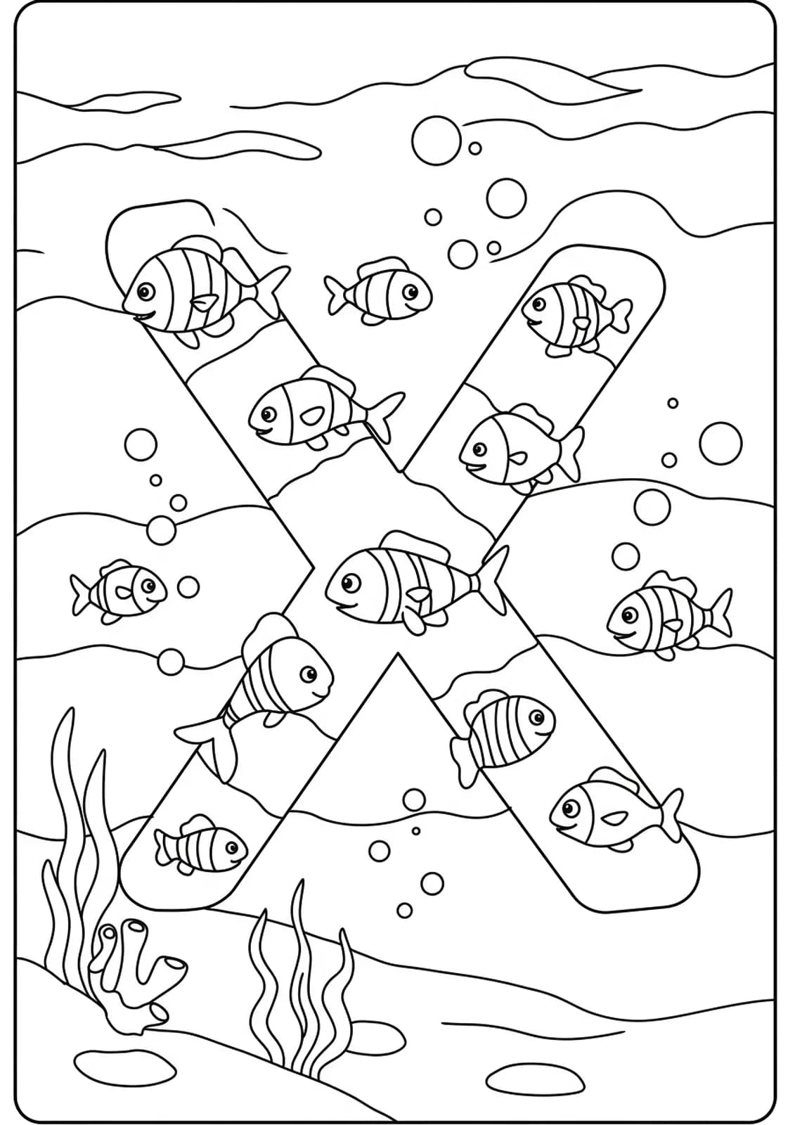 Letter X with x-ray fish and underwater plants, medium detail preschool coloring page