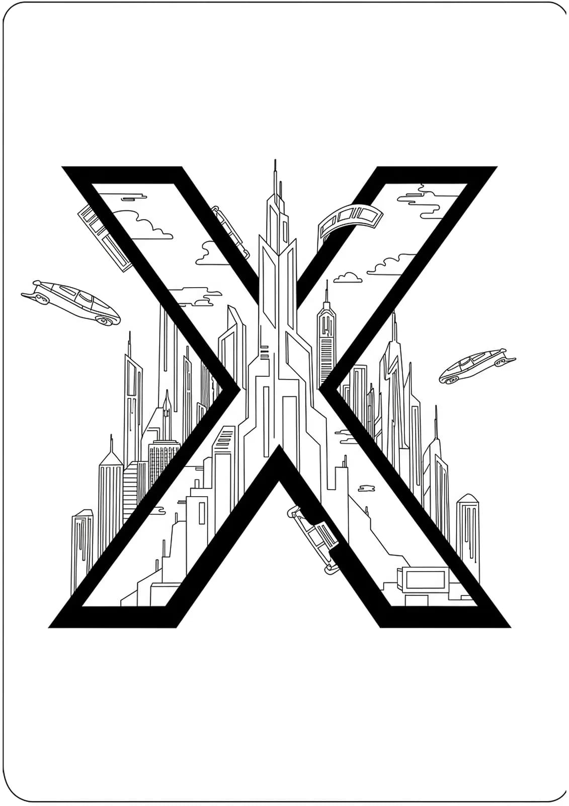 Easy coloring page of letter X with a futuristic city skyline and flying vehicles for teens.