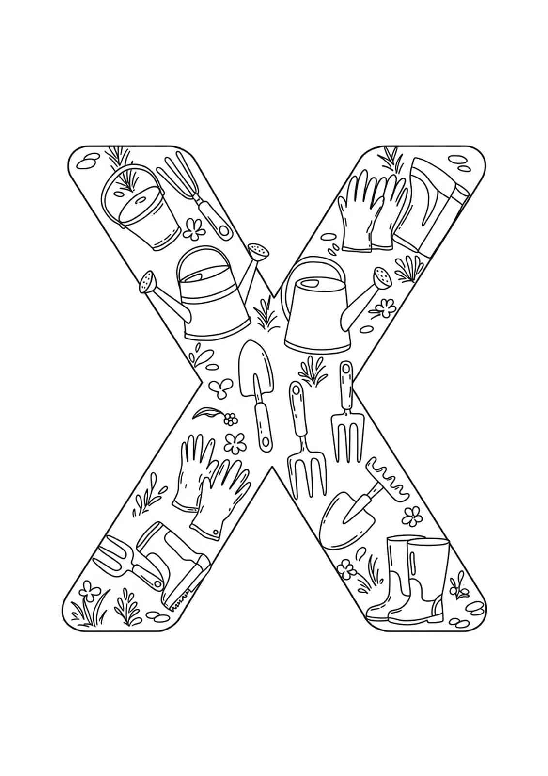 Coloring page with the letter X and easy gardening tools like watering cans and gloves for adults.