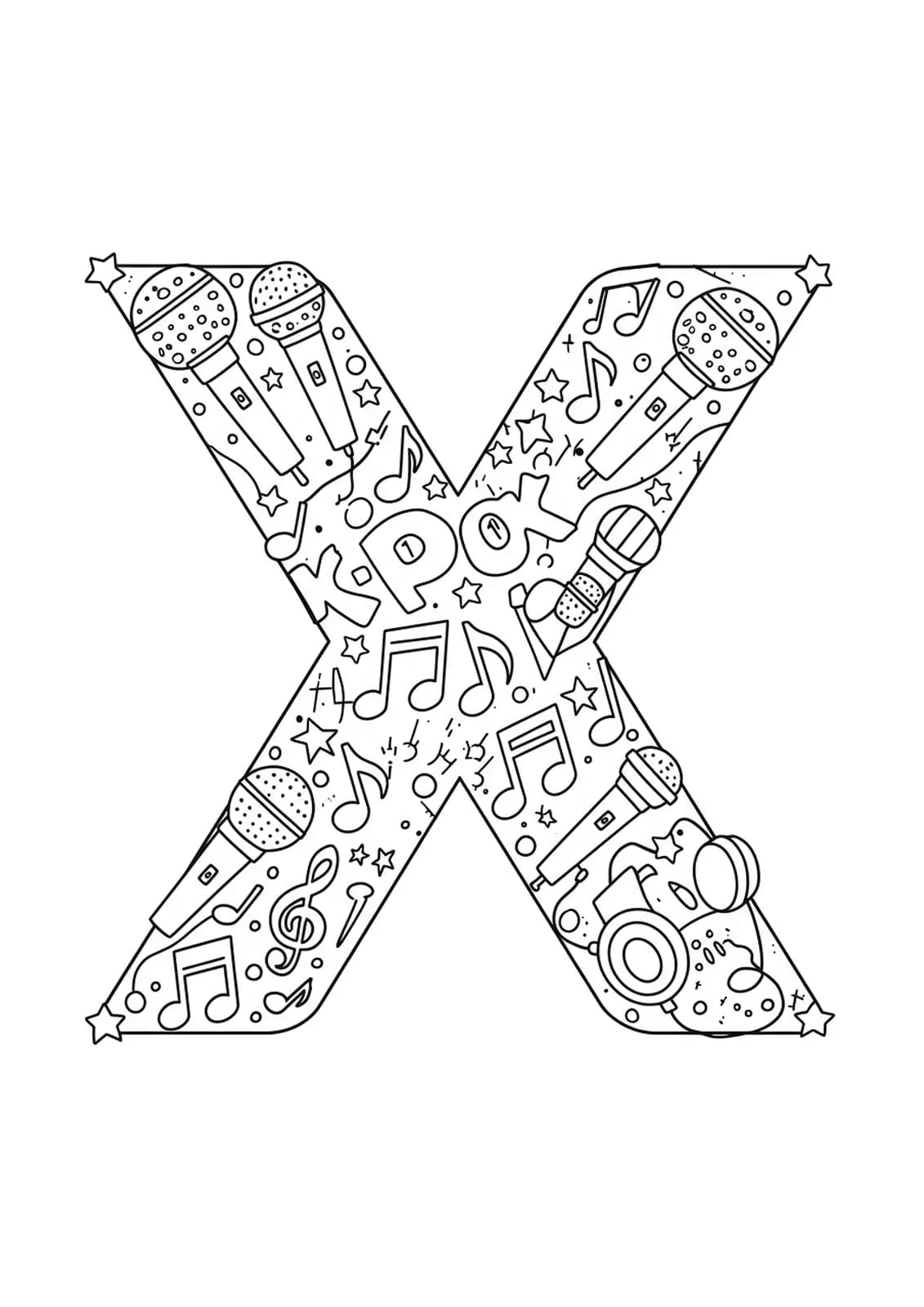 Coloring page of letter X with K-Pop themed music notes and accessories for teens.