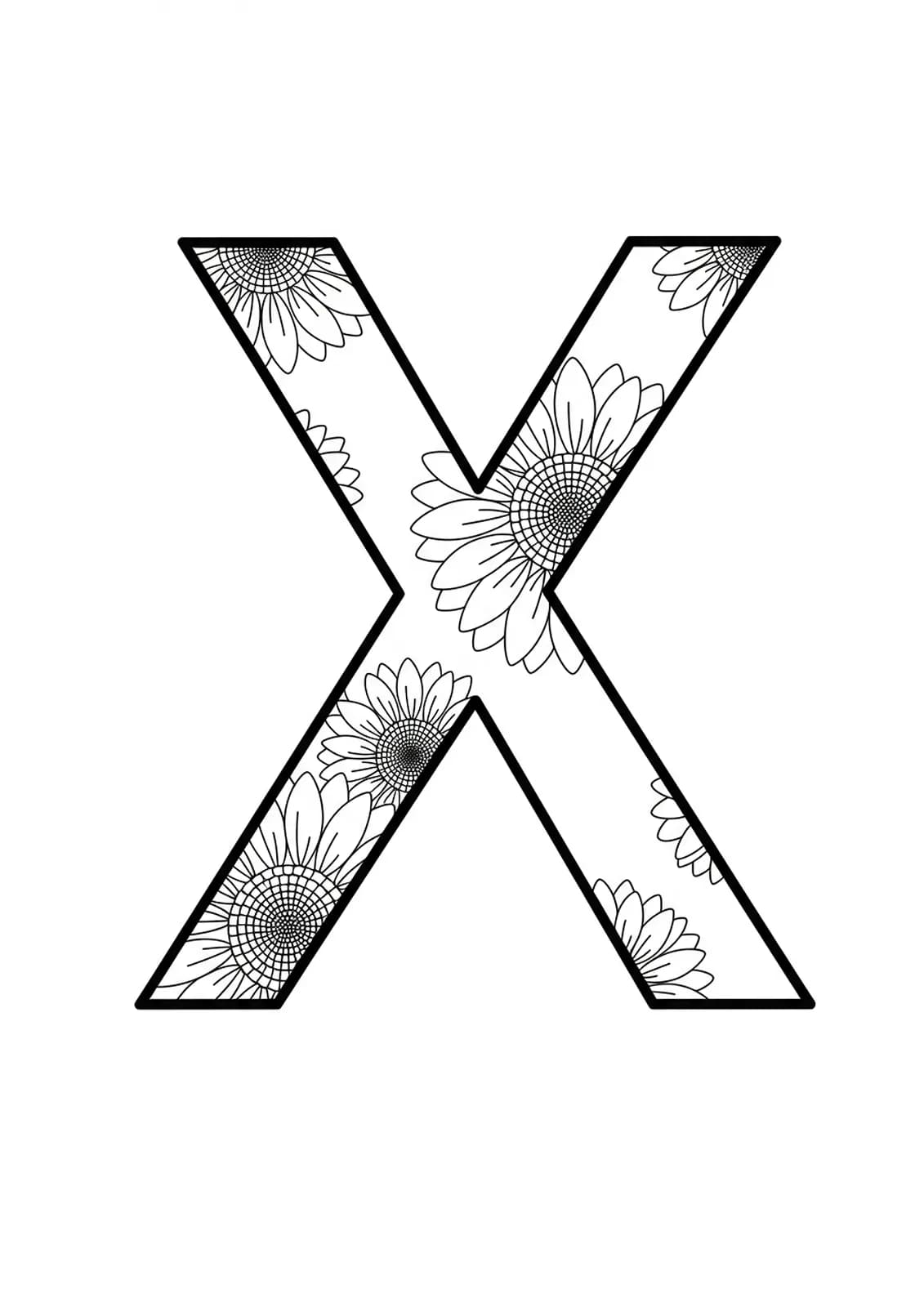 Coloring page featuring the letter X with large mandala sunflower patterns, easy design for adults.