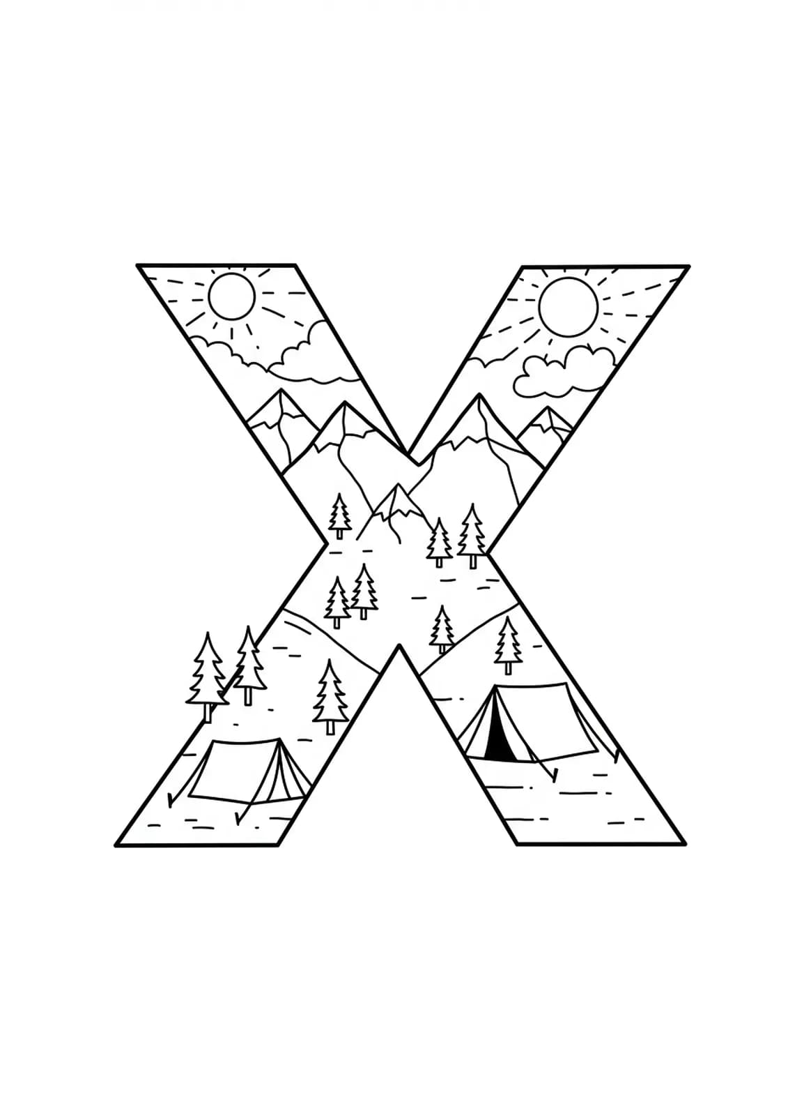Coloring page with the letter X, mountains, tents, and trees in easy outlines for adults.