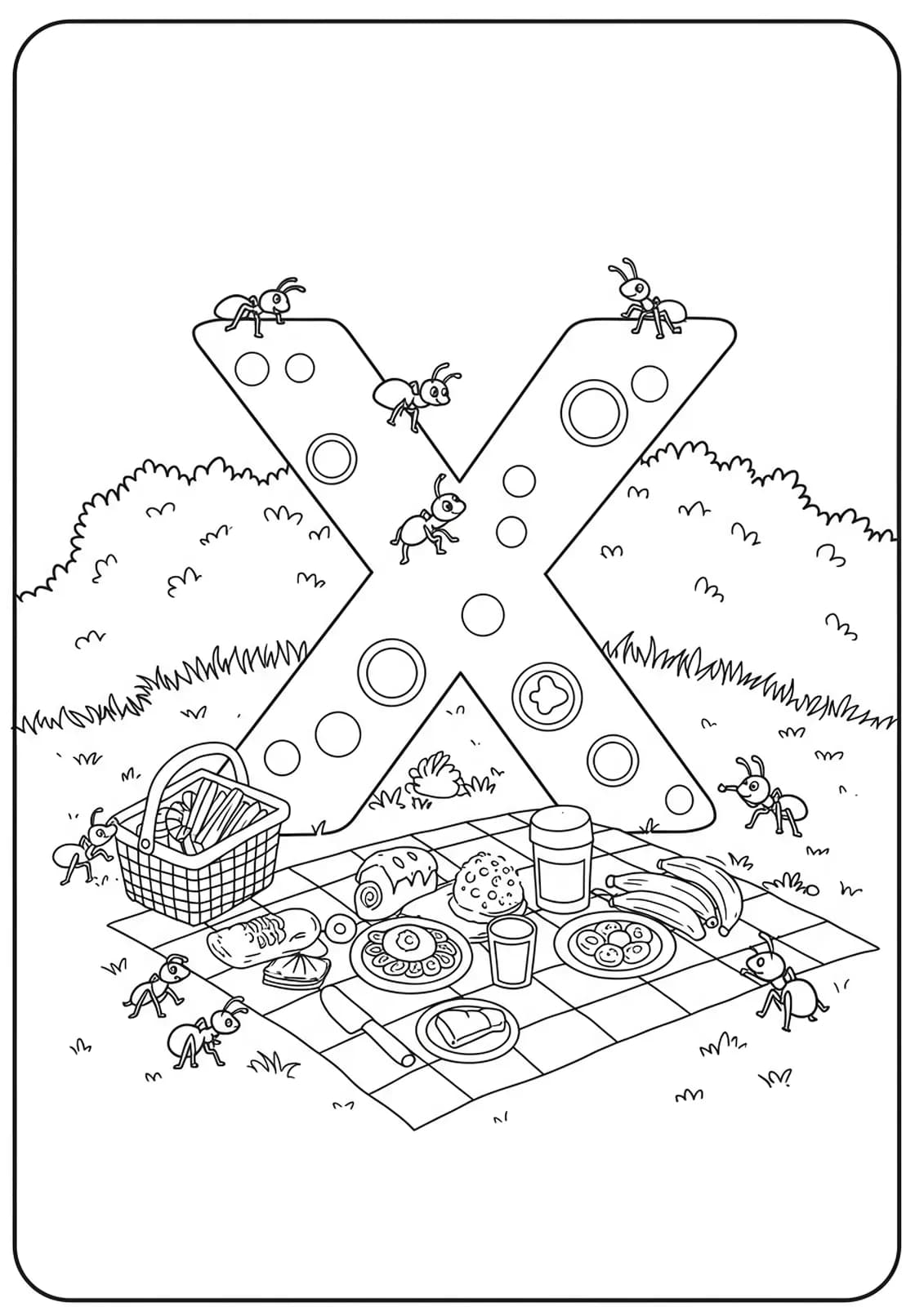 Letter X with picnic food on a blanket and ants, medium coloring page activity for preschool