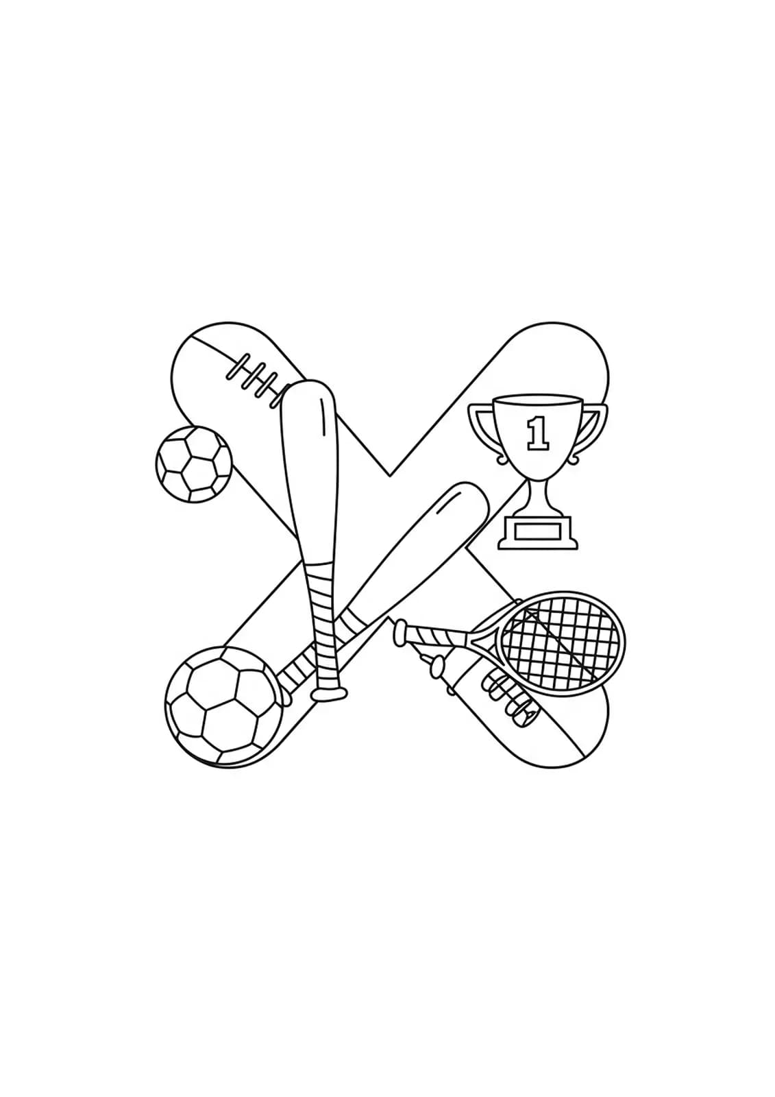 Letter X with various sports equipment and a trophy, medium detail preschool coloring page