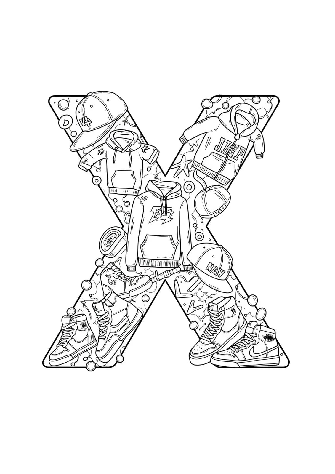 Coloring page of letter X with outlines of sneakers, hats, and hoodies for teens.