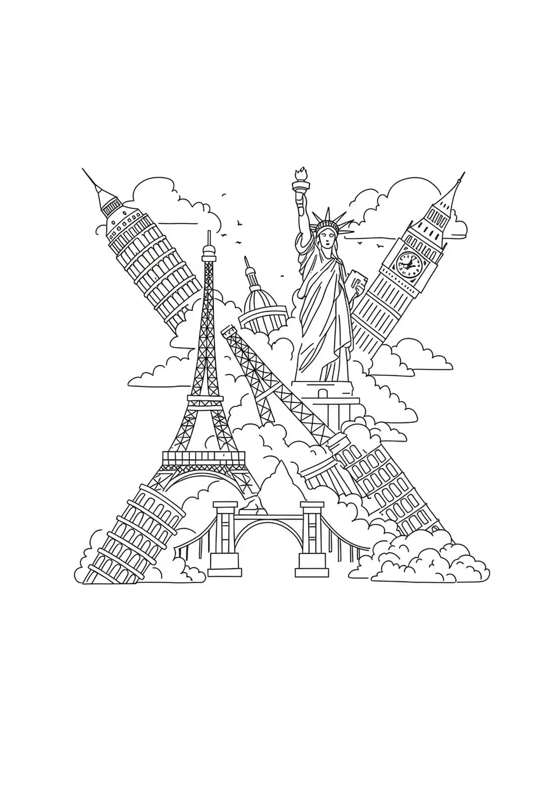 Easy coloring page of letter X surrounded by famous travel landmarks for teens.