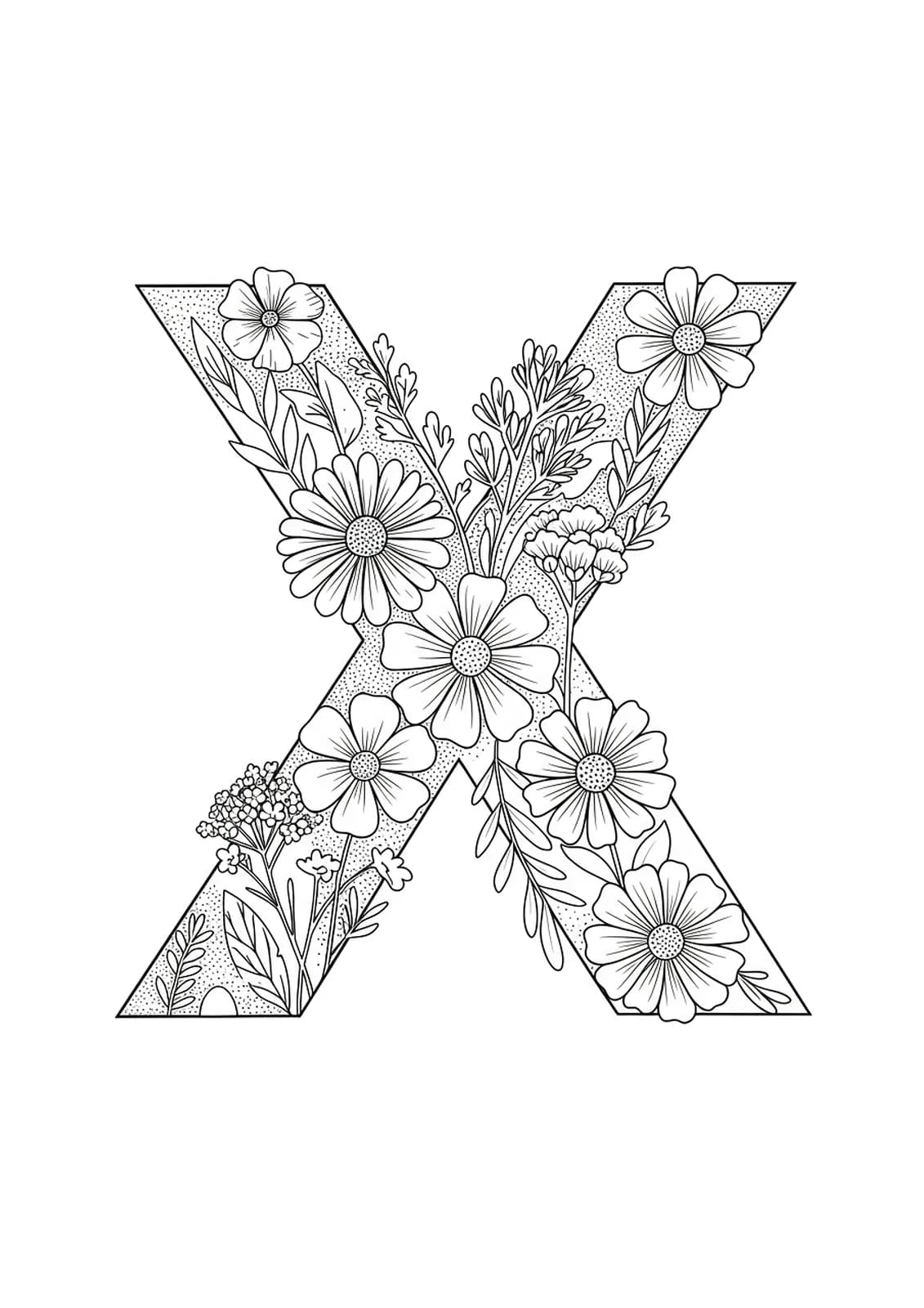 Coloring page with the letter X surrounded by large, simple wildflowers for adult coloring.