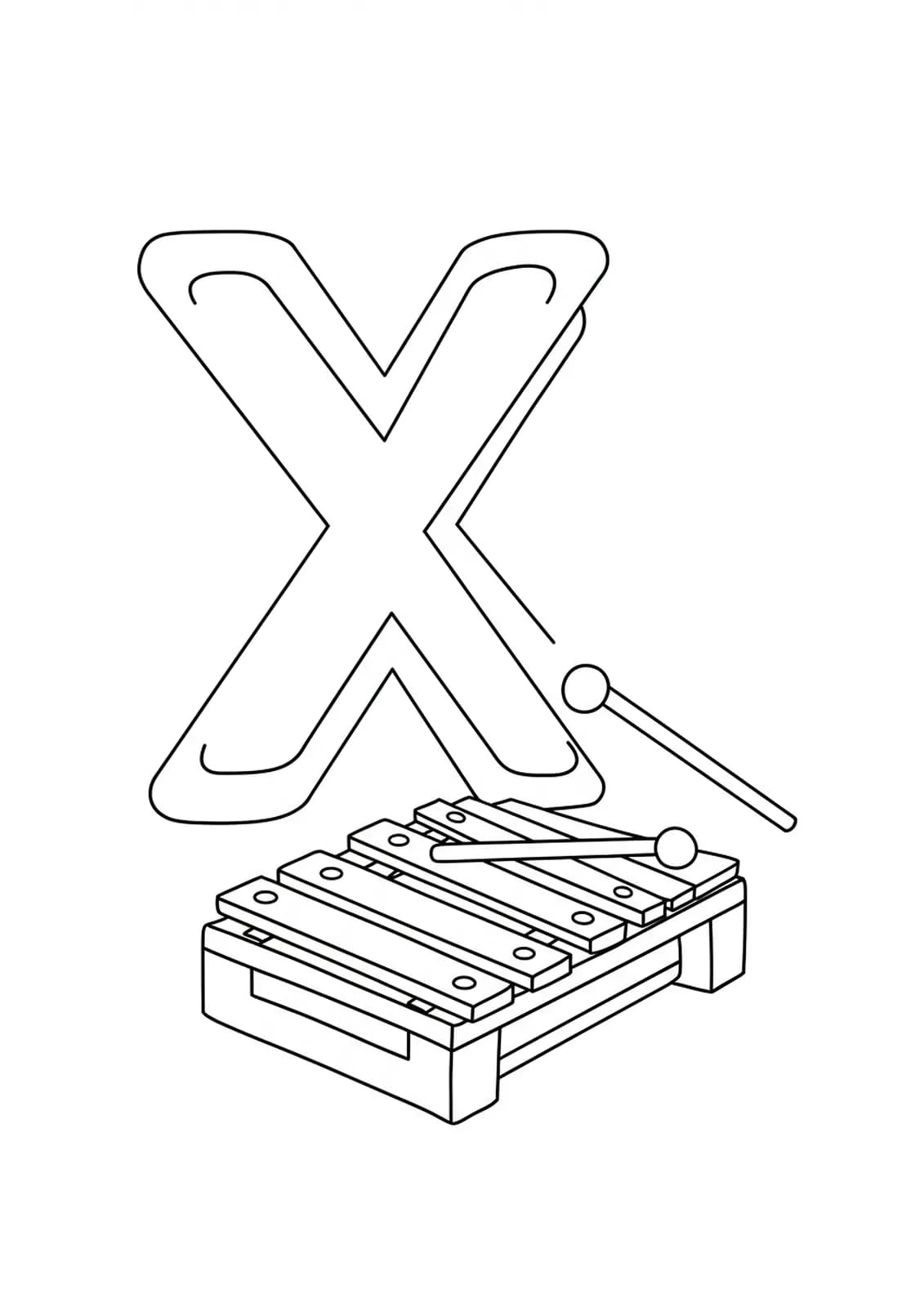 Simple coloring page with a large letter X and a basic xylophone for preschool kids.