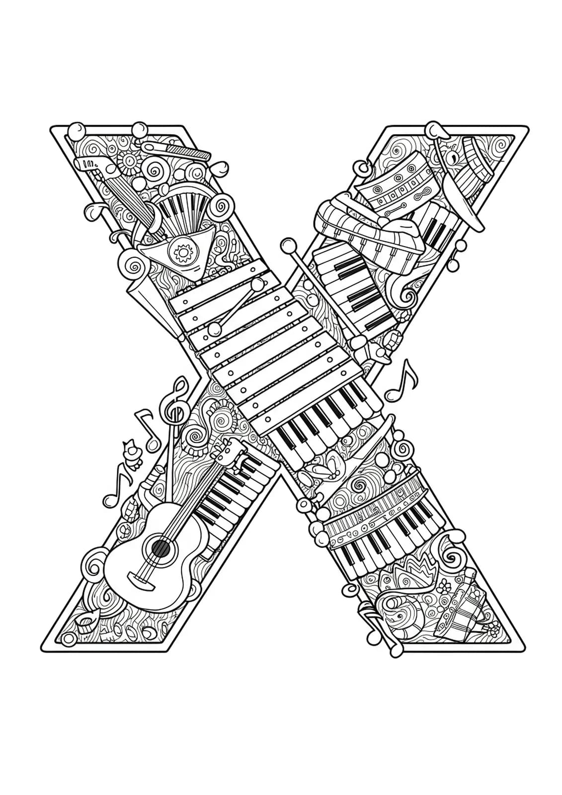 Letter X with a detailed xylophone, musical notes, and instruments