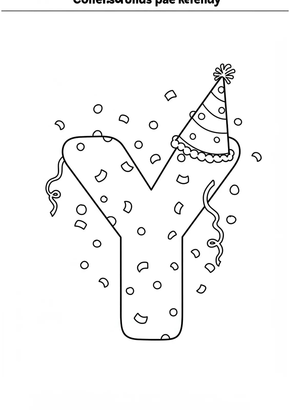 Large letter Y with a party hat and confetti, outlined in simple black and white for coloring.