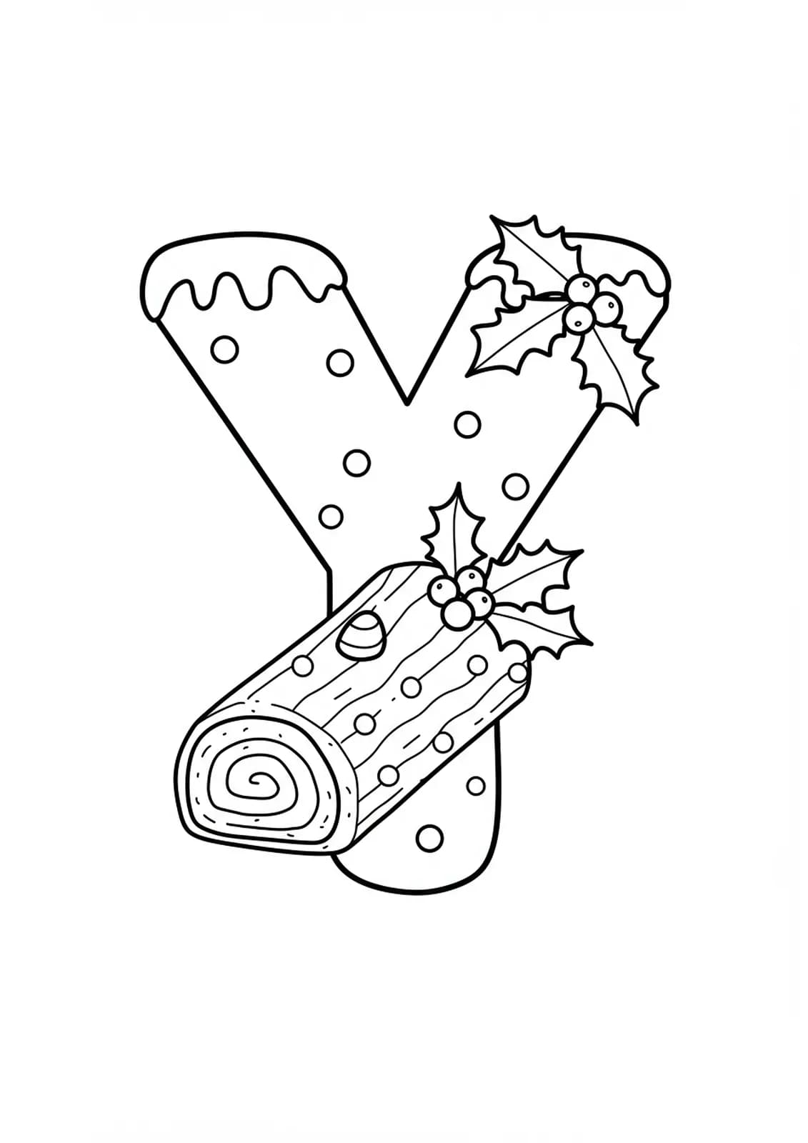 Large letter Y with a simple yule log cake decorated with holly, outlined in easy black and white style.