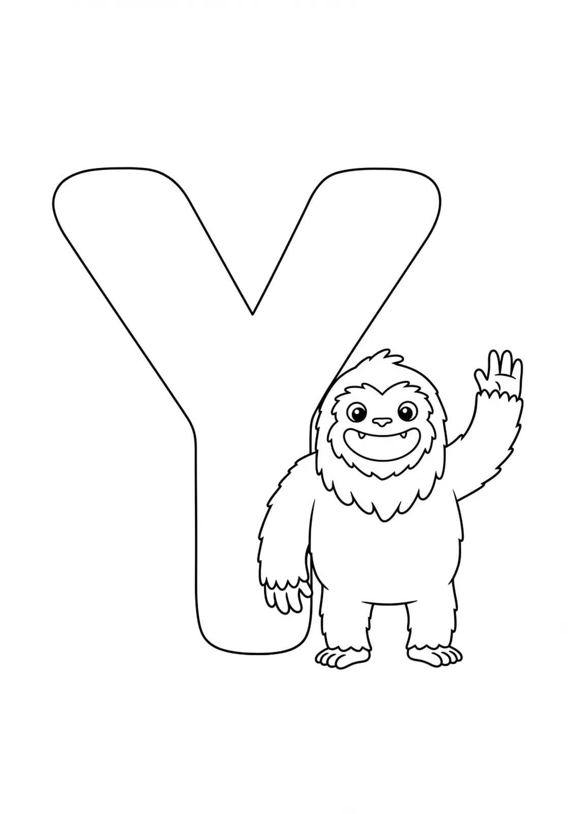 Large letter Y with a friendly, cartoon-style yeti waving, outlined simply in black and white.