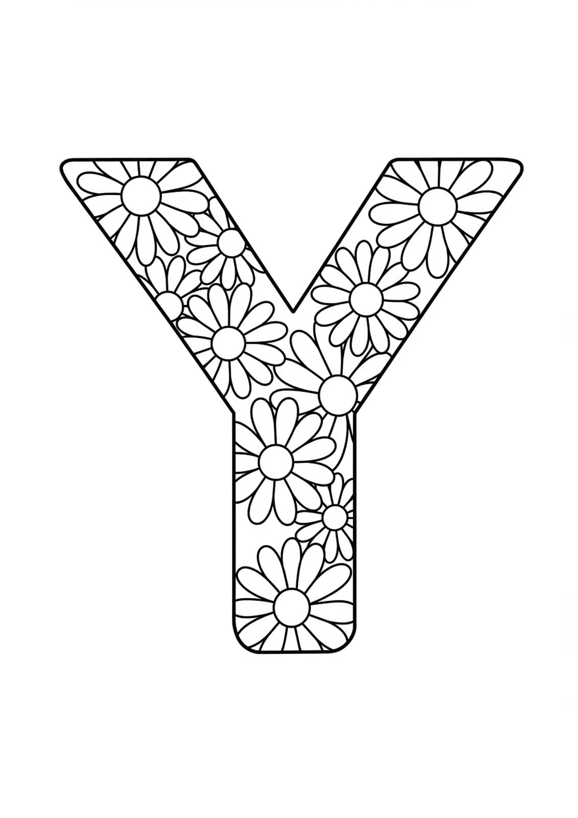 Large letter Y with big, simple daisy-like flowers next to it, all in easy black and white line art.