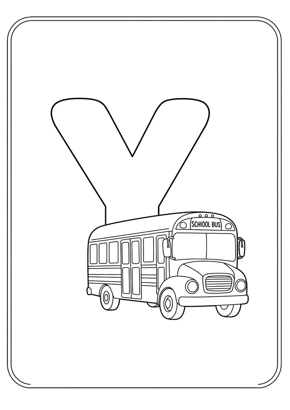 Large letter Y with a simple outline of a school bus, basic wheels and windows, in black and white.