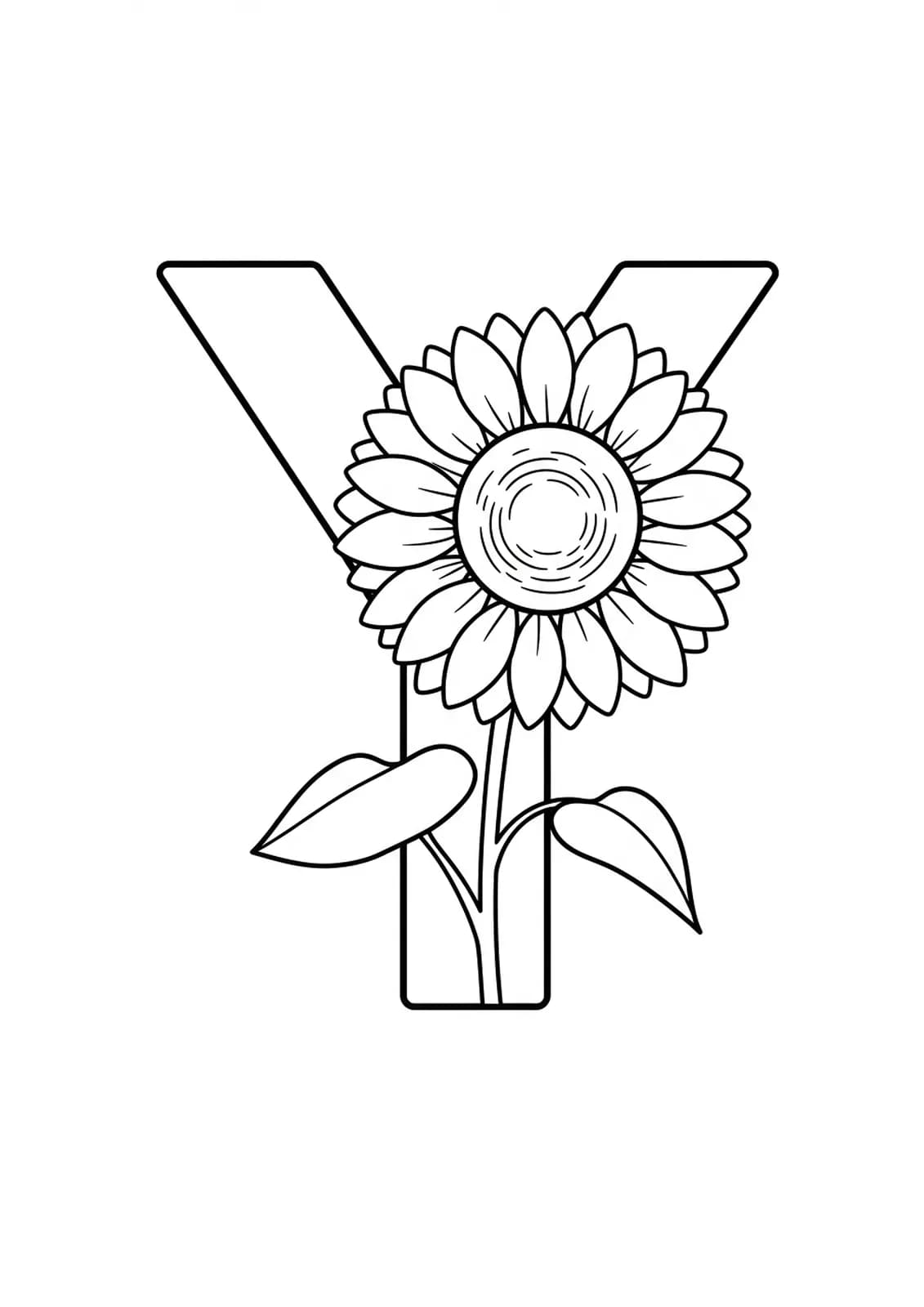 Large letter Y next to a simple sunflower, big clear outlines for coloring.