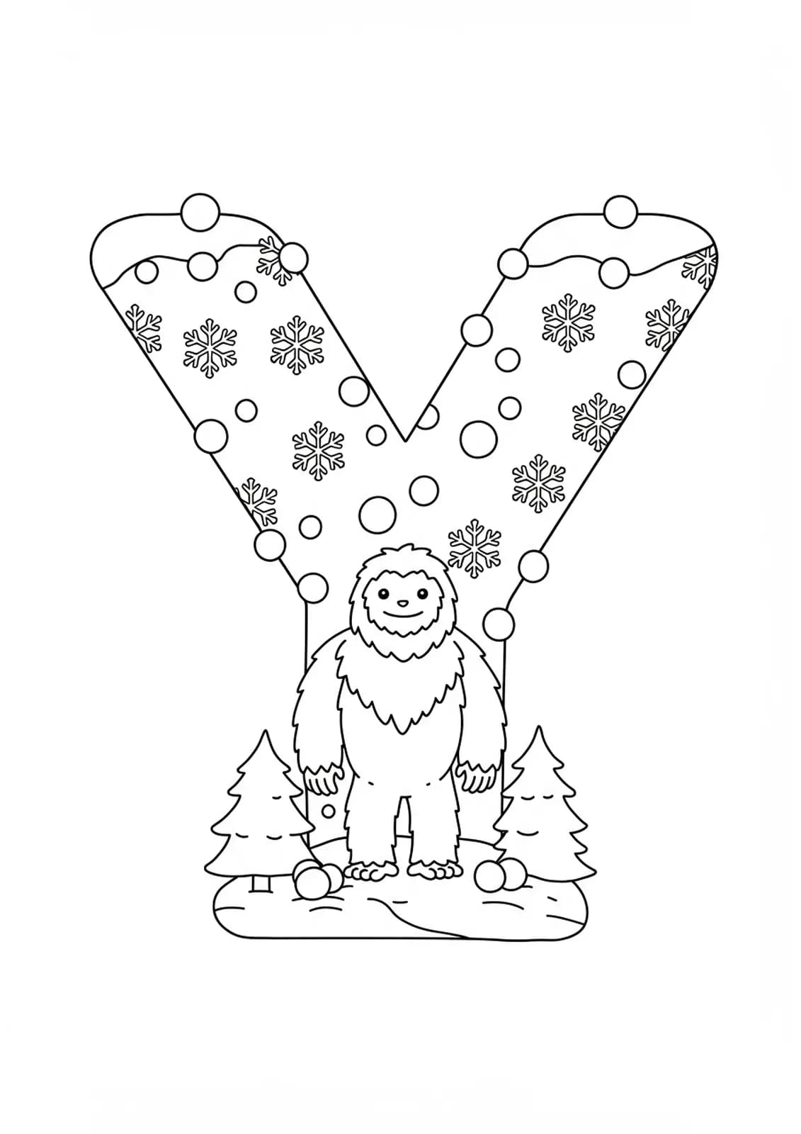 Large letter Y with a friendly yeti, snowflakes, pine trees, and snowballs.