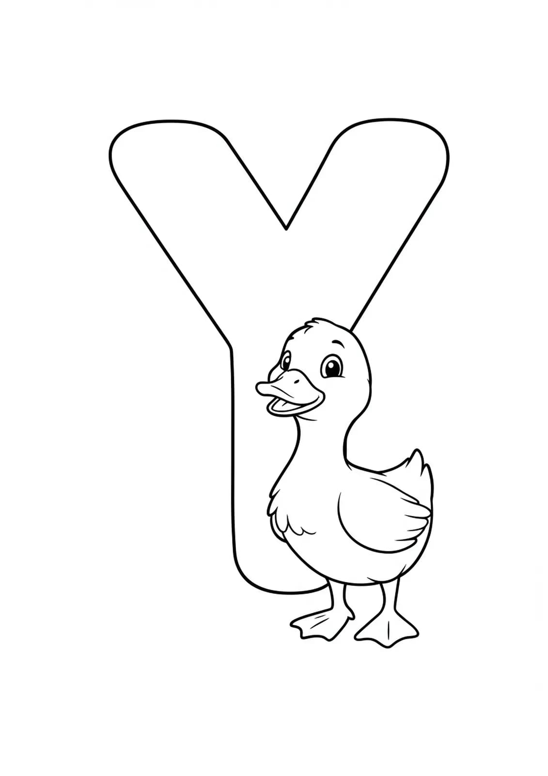 Large letter Y with a simple, cute duckling standing next to it, outlined in black and white.