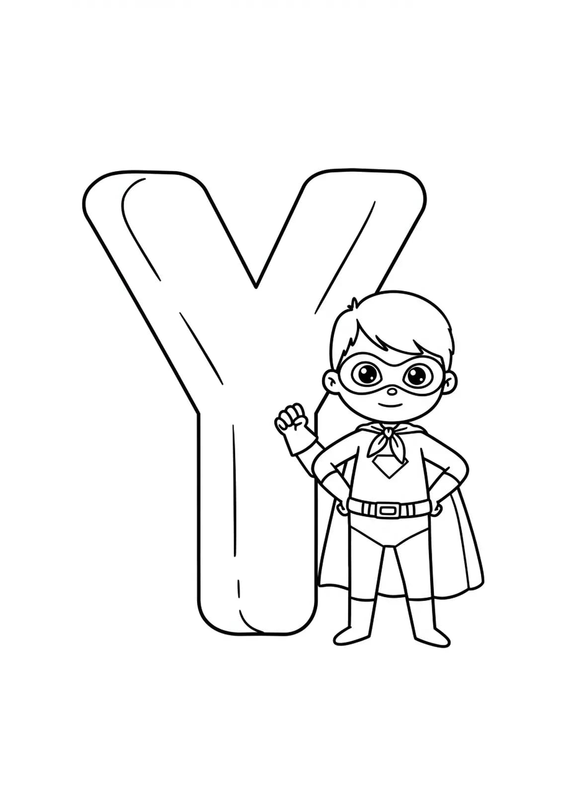 Large letter Y with a cartoon superhero child in a cape and mask, outlined in simple black and white.