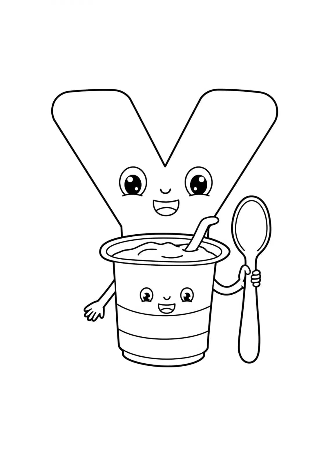 A large letter Y next to a cartoon yogurt cup with a spoon, outlined in simple black and white style.