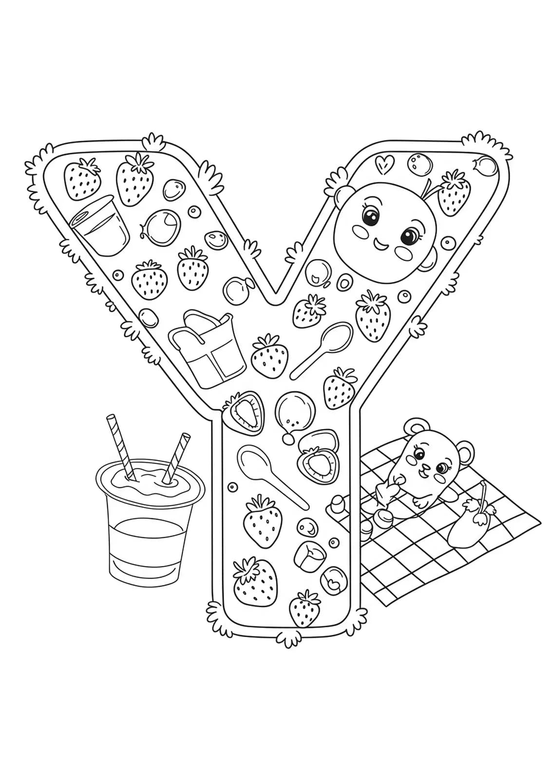 Large letter Y with yogurt cups, strawberries, and picnic items for coloring.