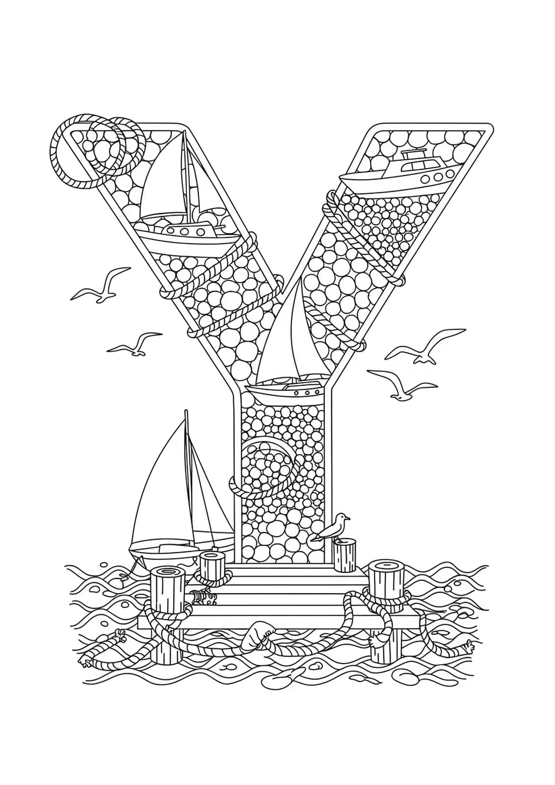 Medium-complexity letter Y with yachts, dock pilings, ropes, waves, and seagulls line art for adult coloring.
