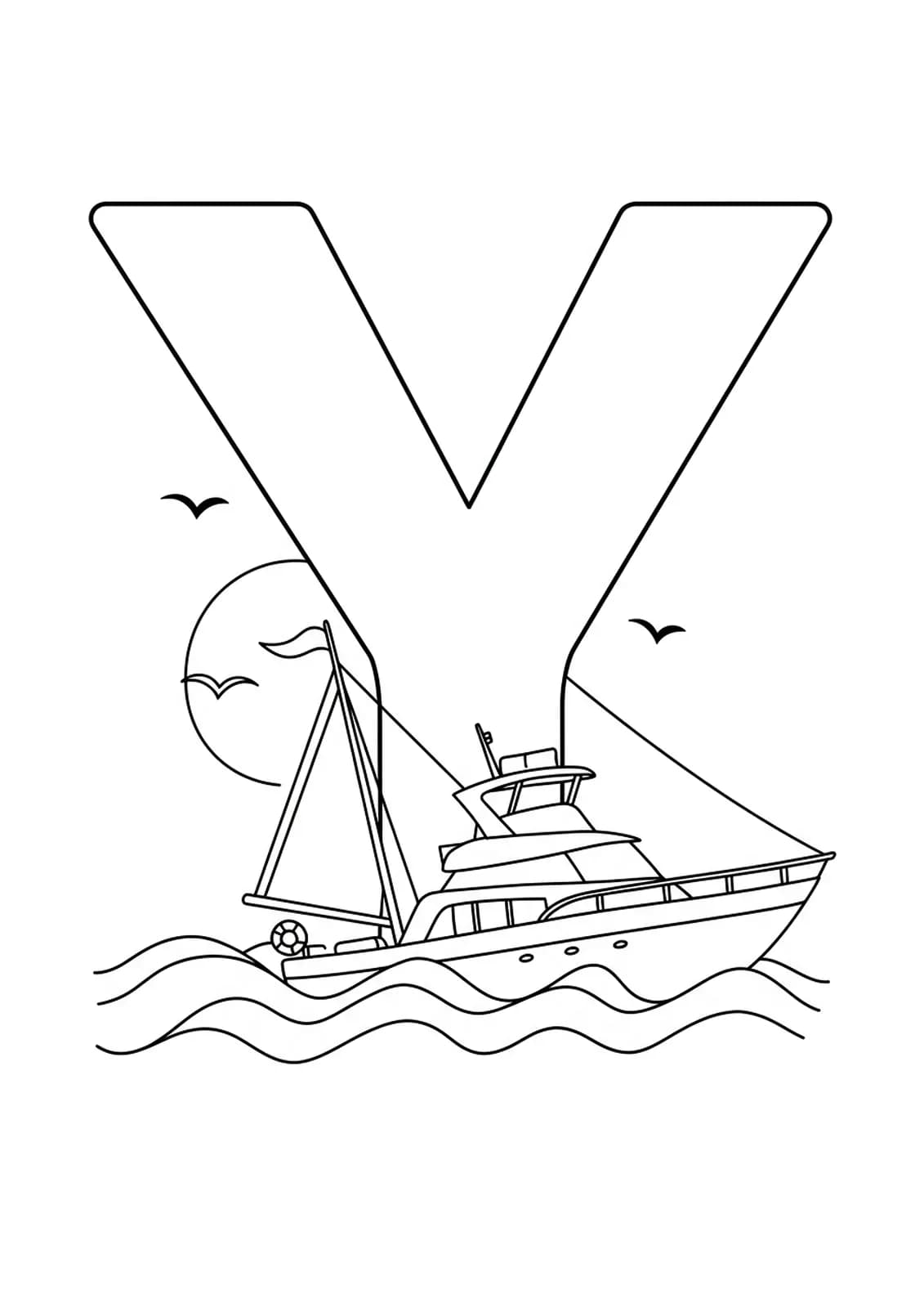 Easy yacht-themed letter Y coloring page with a yacht and waves.