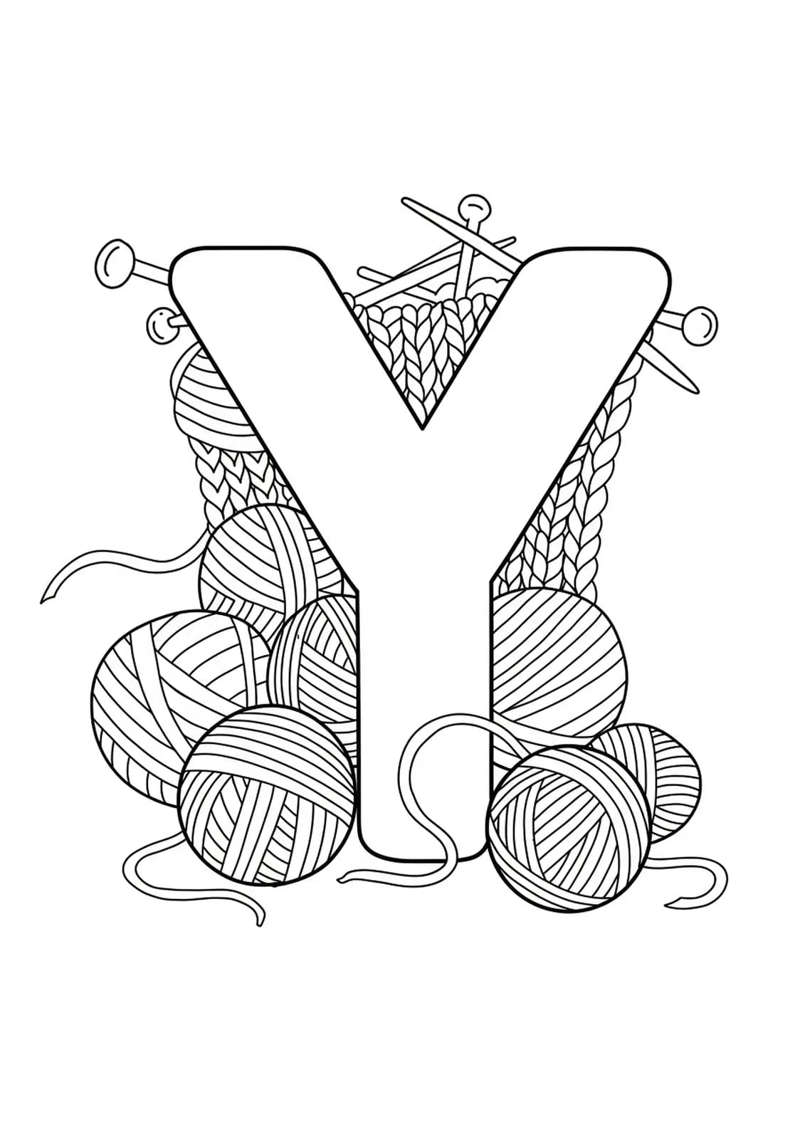 Easy yarn crafts-themed letter Y coloring page with balls of yarn and needles.