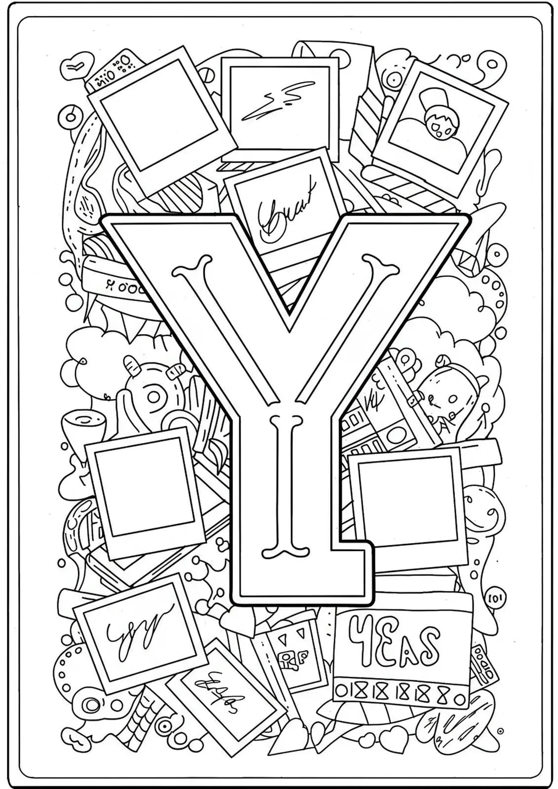 Easy yearbook-themed letter Y coloring page with frames and doodles.
