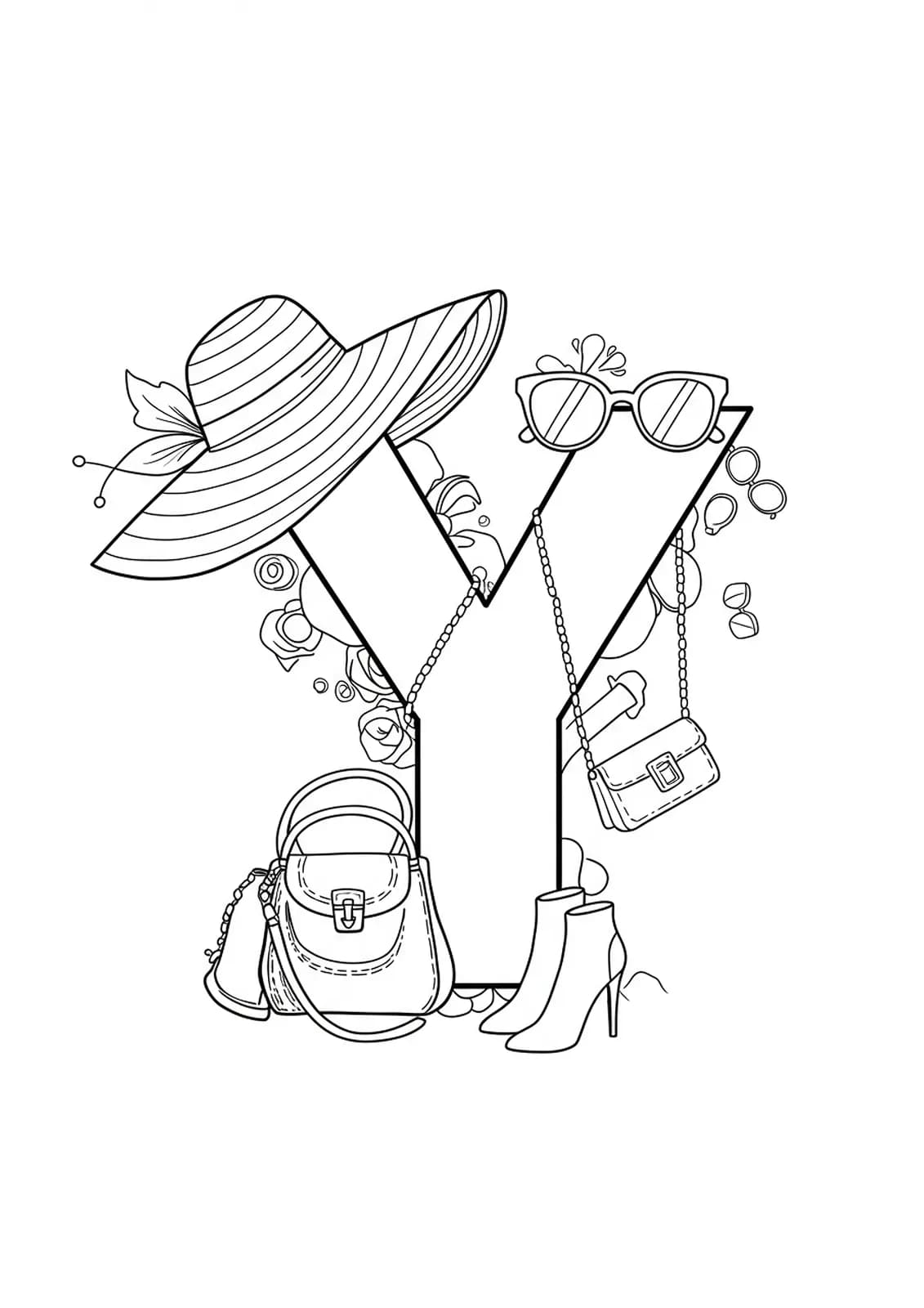 Easy fashion accessories-themed letter Y coloring page with hats and purses.