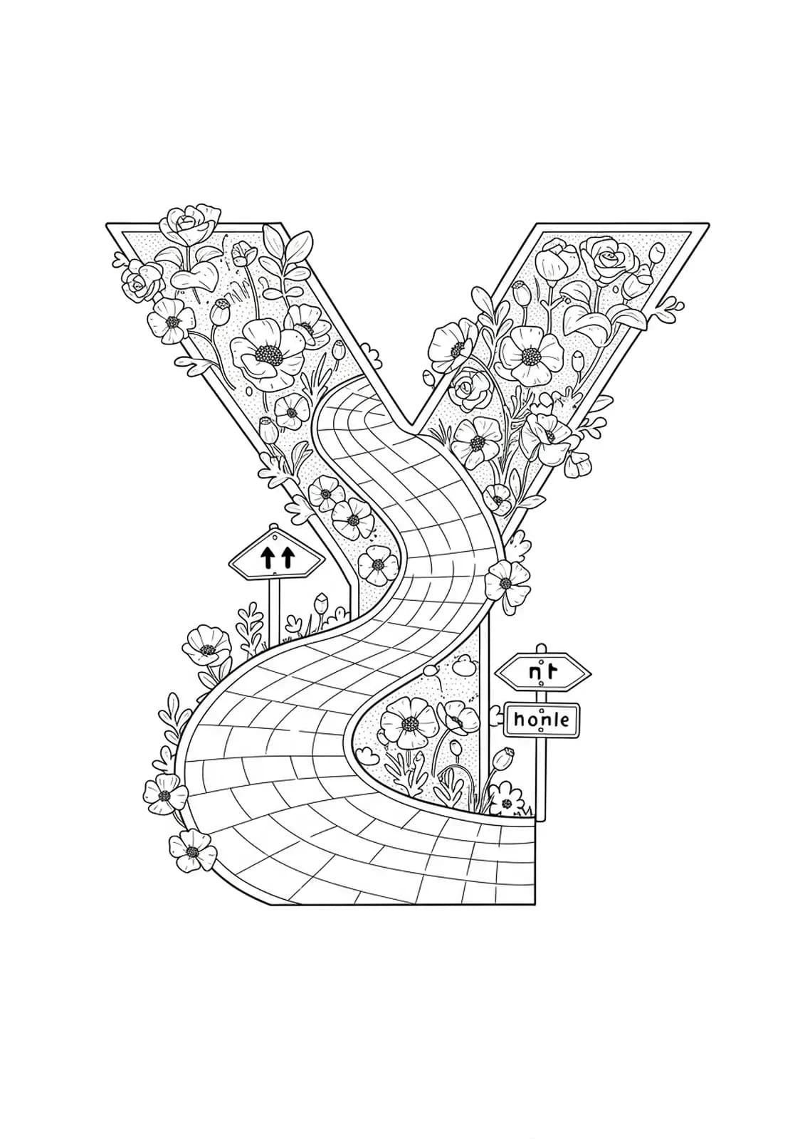 Letter Y with a winding brick road, poppy flowers, and whimsical signs, medium complexity, black and white adult coloring page.