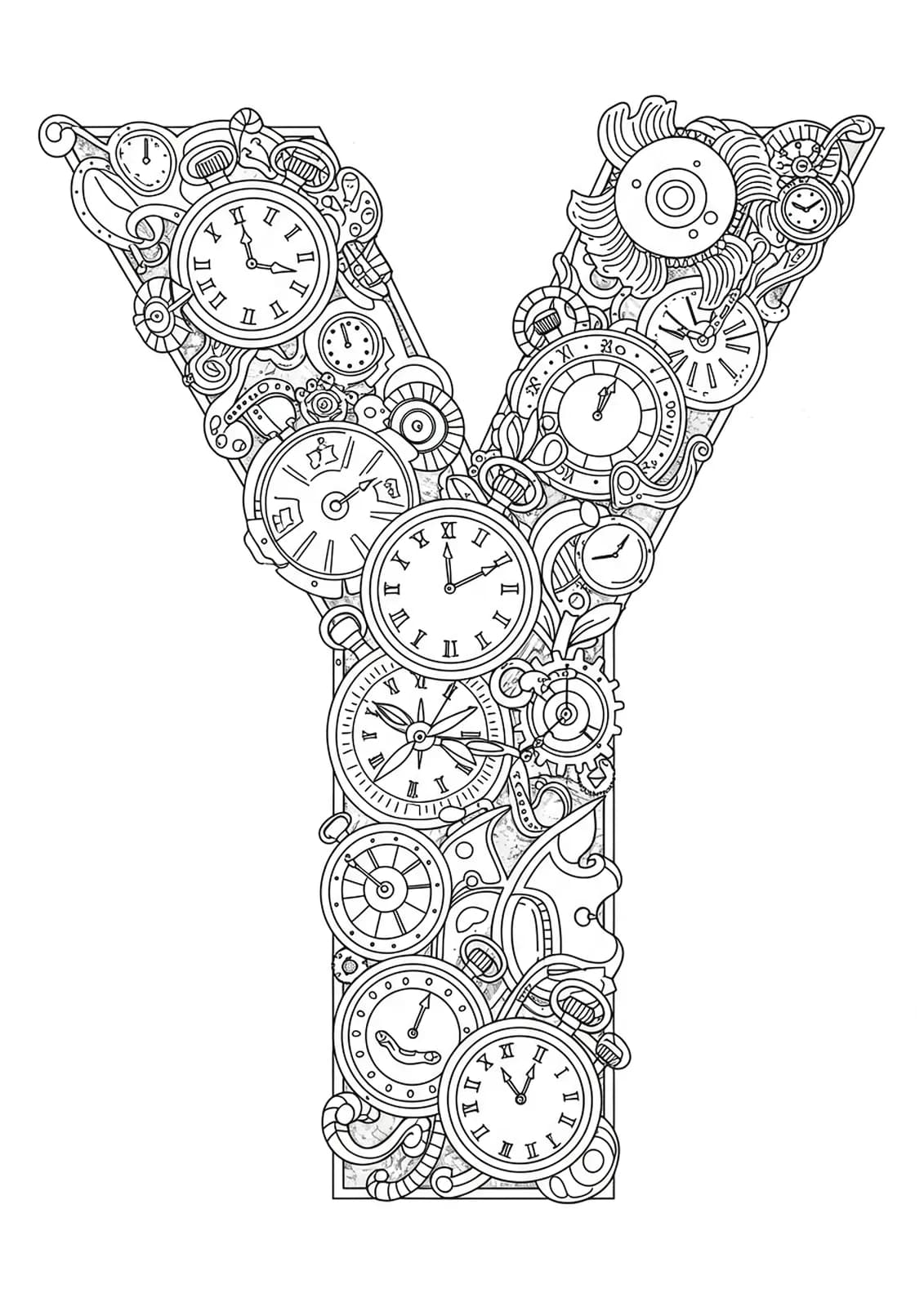 Letter Y with antique pocket watches, clock faces, and gears, medium detail, black and white coloring page for adults.