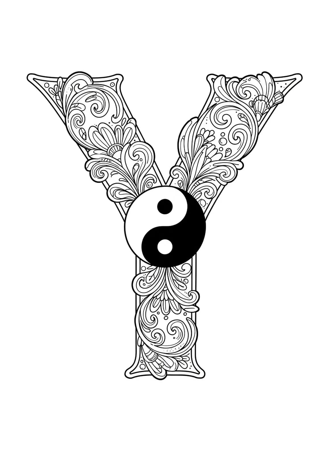 Letter Y with swirling floral motifs and a Yin-Yang symbol, medium detailed black and white coloring page for adults.