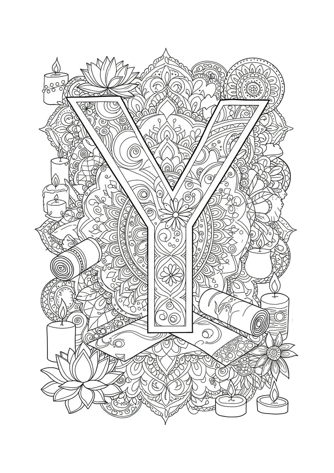 Intricate letter Y with yoga mats, lotus flowers, candles, and mandala details, medium complexity, black and white coloring page for adults.