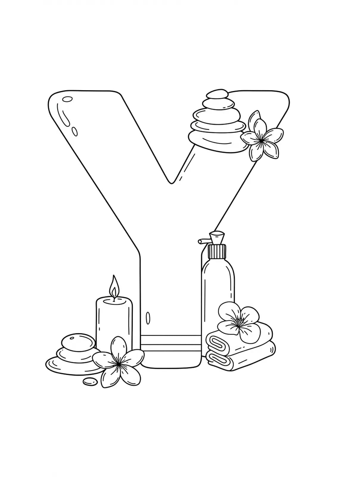 Easy wellness-themed letter Y coloring page with spa and self-care items.