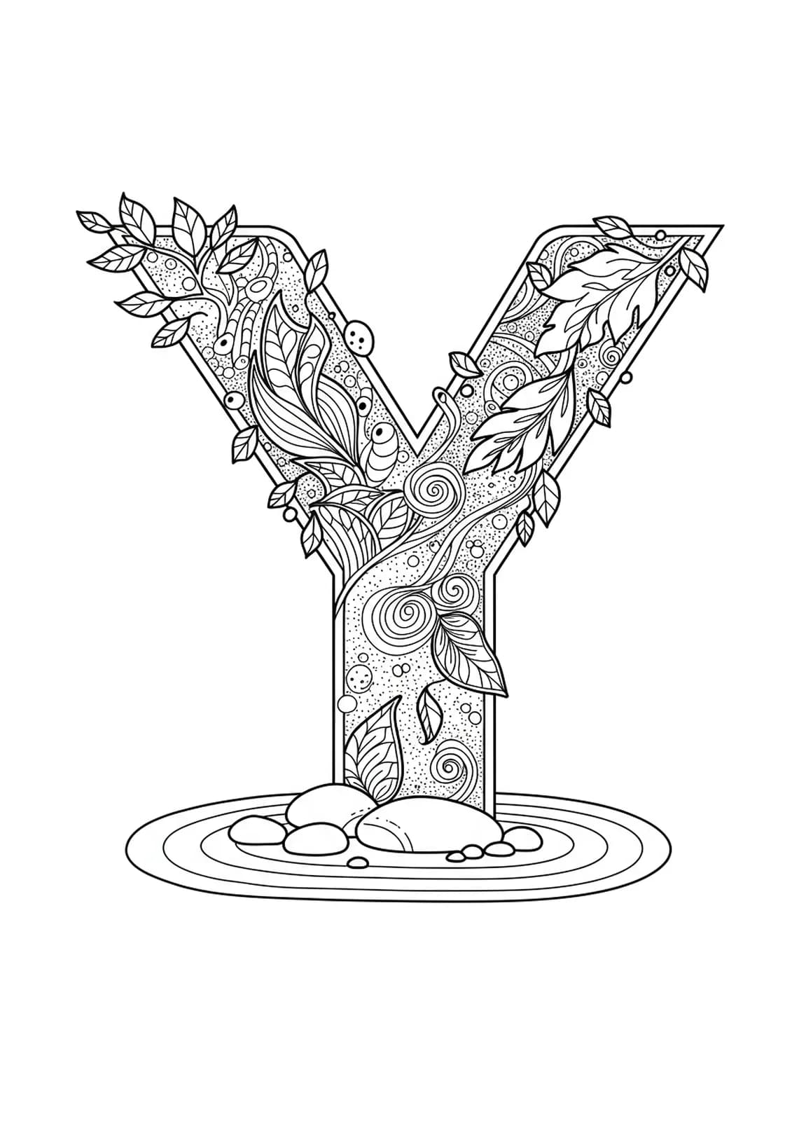 The letter Y surrounded by intricate Zen garden sand patterns, pebbles, and stylized leaves.