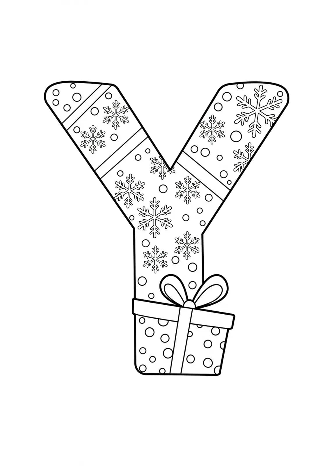Large letter Y with snowflakes and a simple gift box, perfect for winter holiday coloring.