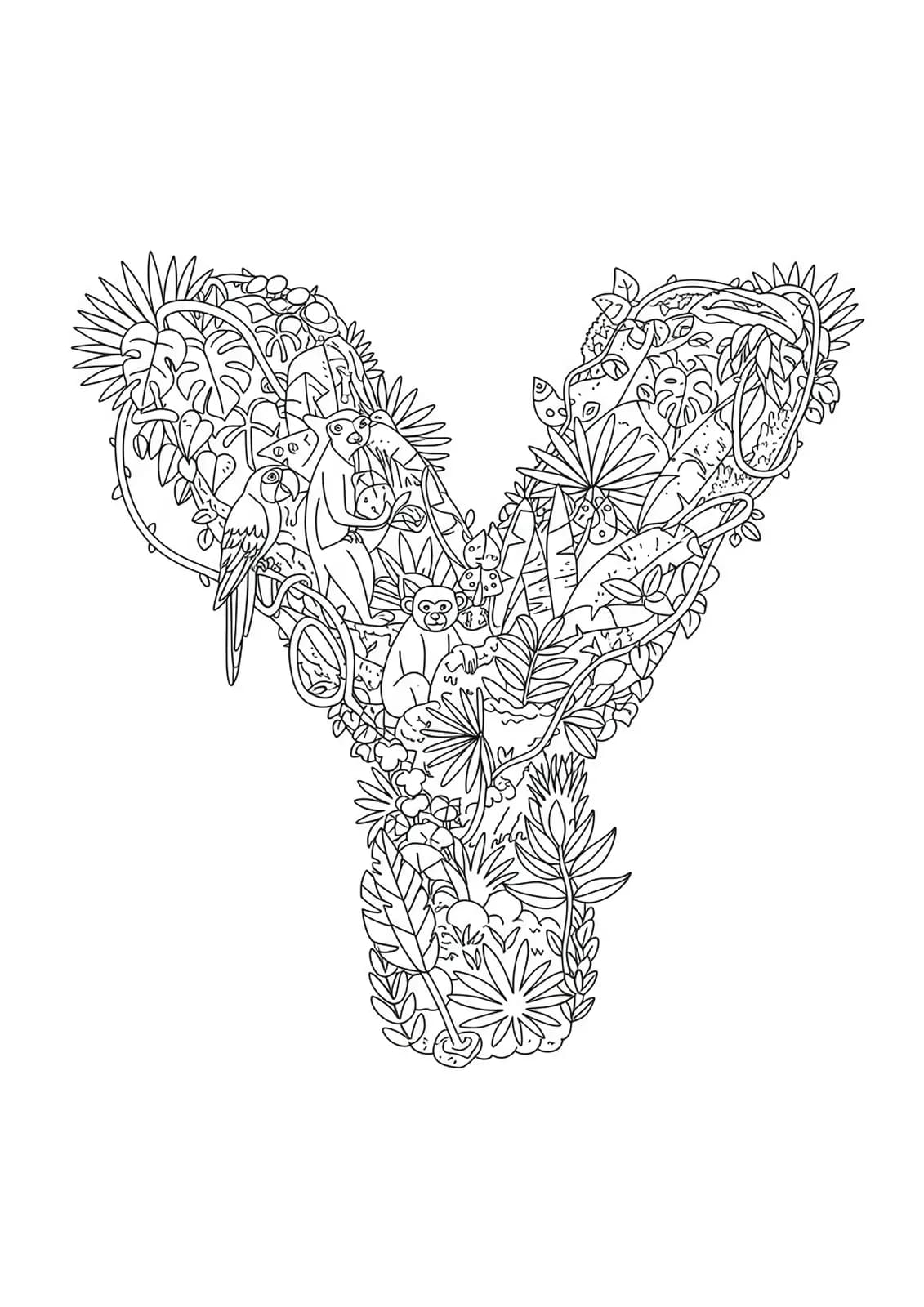 A detailed coloring page featuring the letter Y entwined with jungle vines, leaves, and hidden animals, designed for elementary kids.