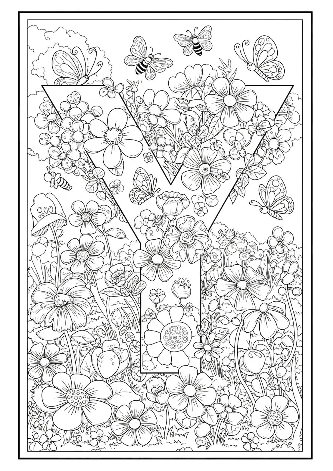A medium detail coloring page of the letter Y with flowers, butterflies, and bees in a spring garden.