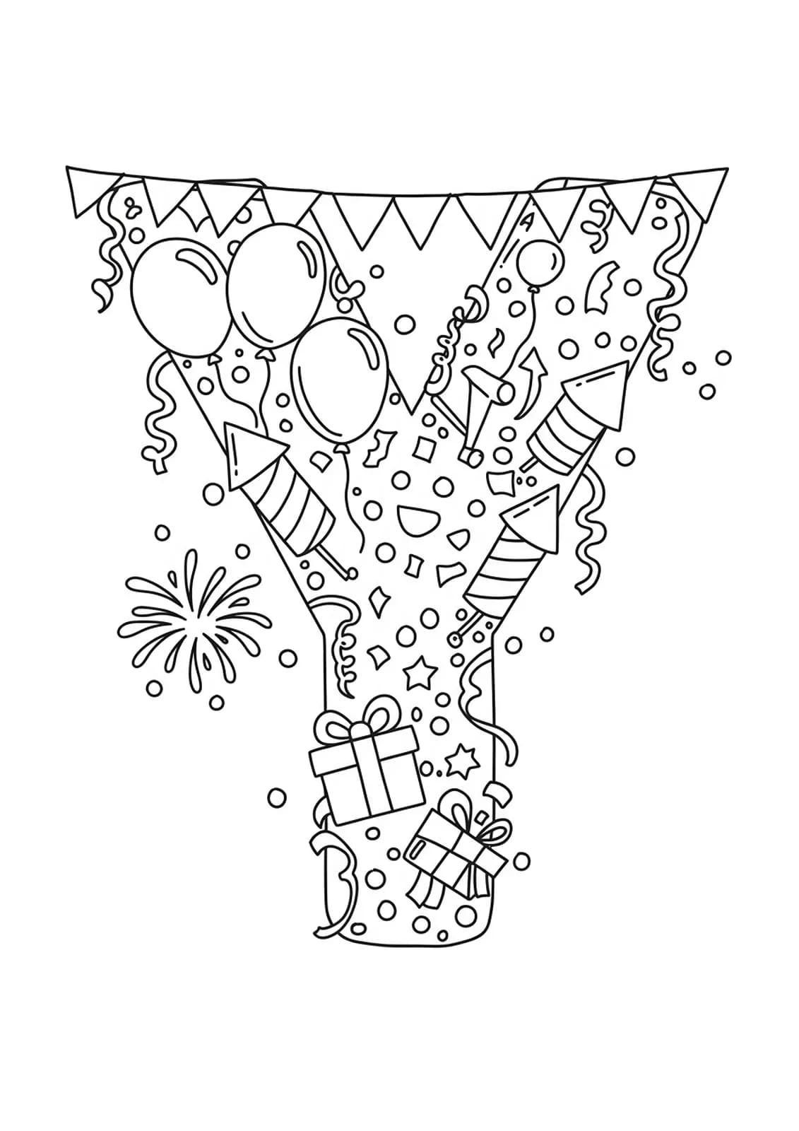 Letter Y coloring page surrounded by confetti, balloons, streamers, and fireworks for New Year's.
