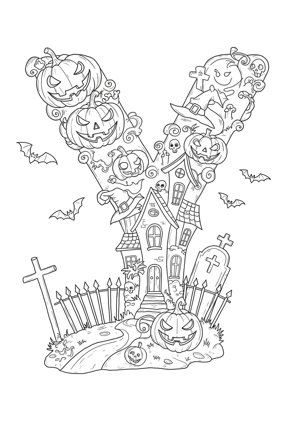 Letter Y coloring page with jack-o’-lanterns, bats, haunted house, and Halloween yard decorations.