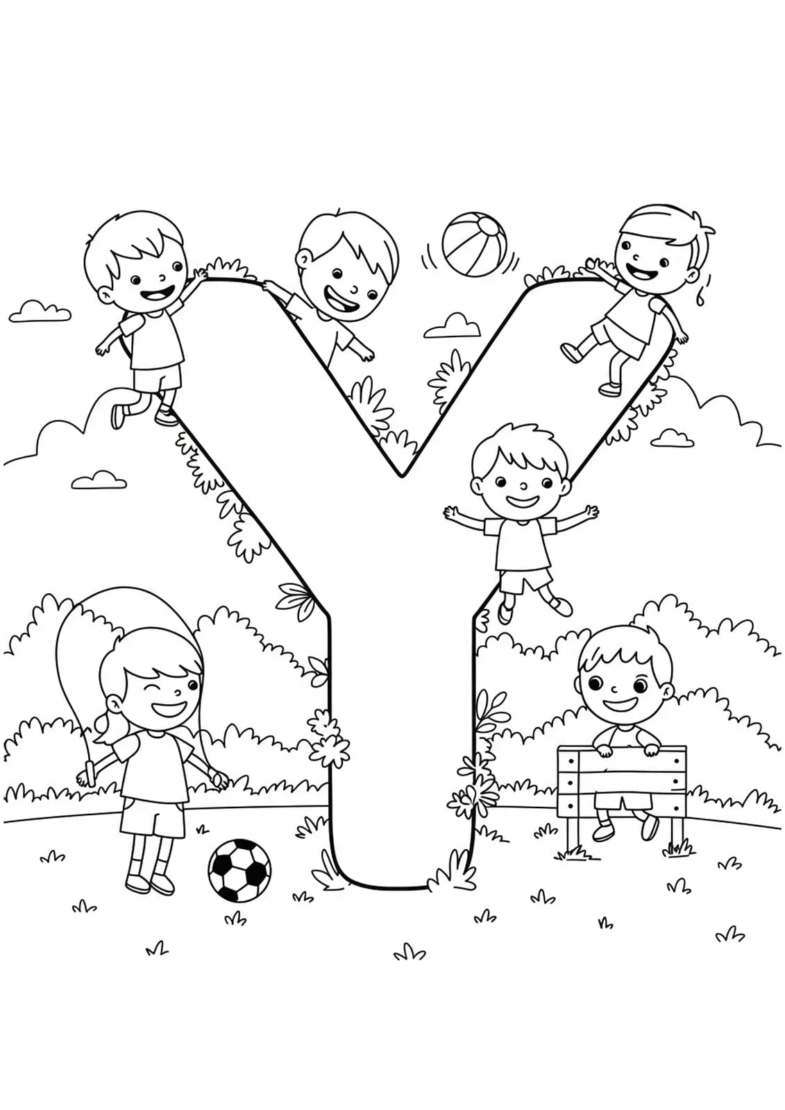 Large letter Y with kids playing sports in a grassy yard.