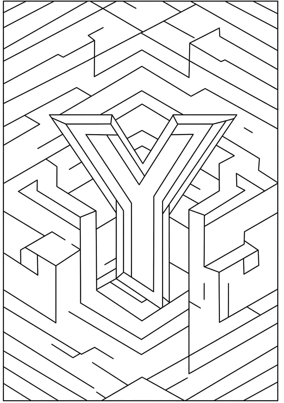 Letter Y hidden in a complex optical illusion maze with interlocking geometric shapes.