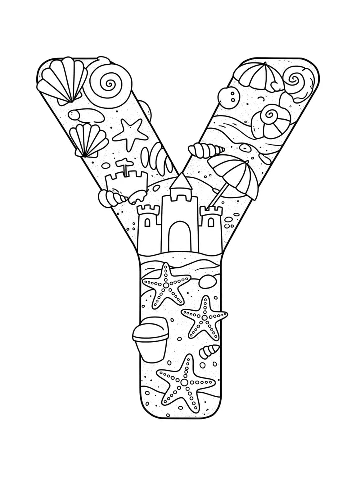 Letter Y coloring page with sandcastles, seashells, starfish, and waves in a beach scene.