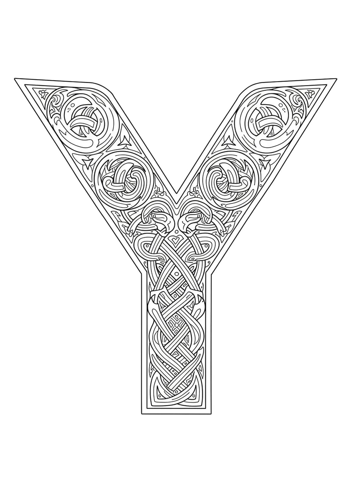Letter Y surrounded by complex Celtic knot patterns and interwoven line art.