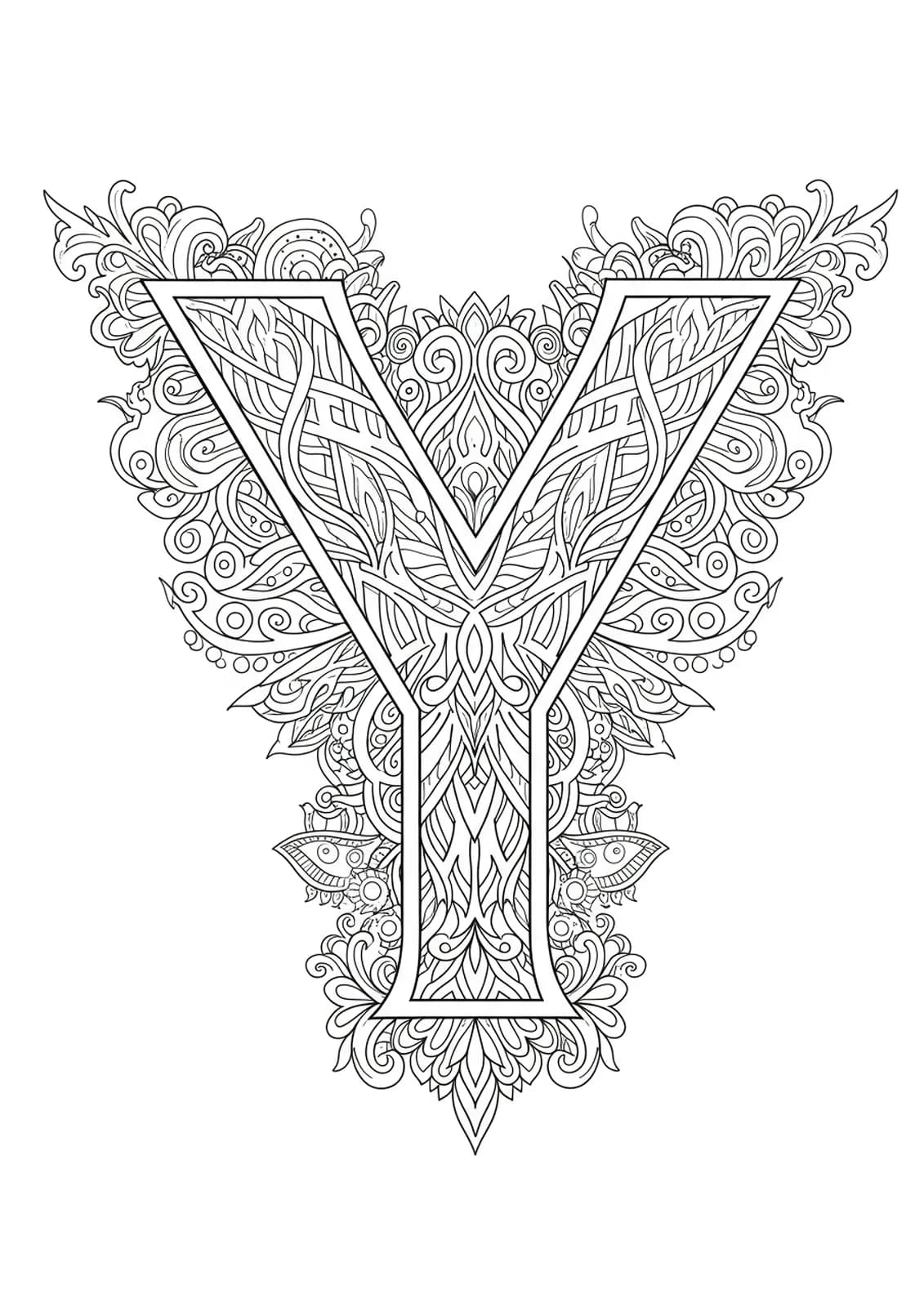 Letter Y with complex tribal and ornamental tattoo patterns in black and white line art.