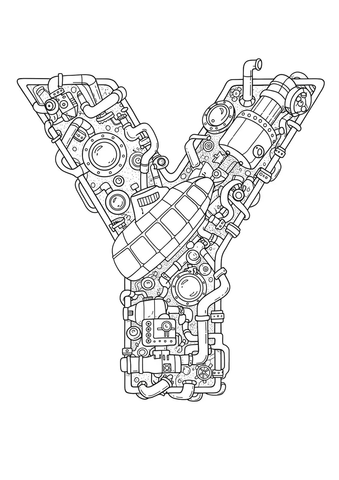 Letter Y entwined with detailed mechanical submarine parts, gears, portholes, and underwater machinery.