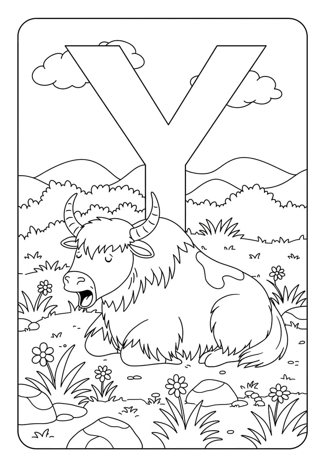Letter Y coloring page with a yawning yak, grassy meadow, rocks, and wildflowers.