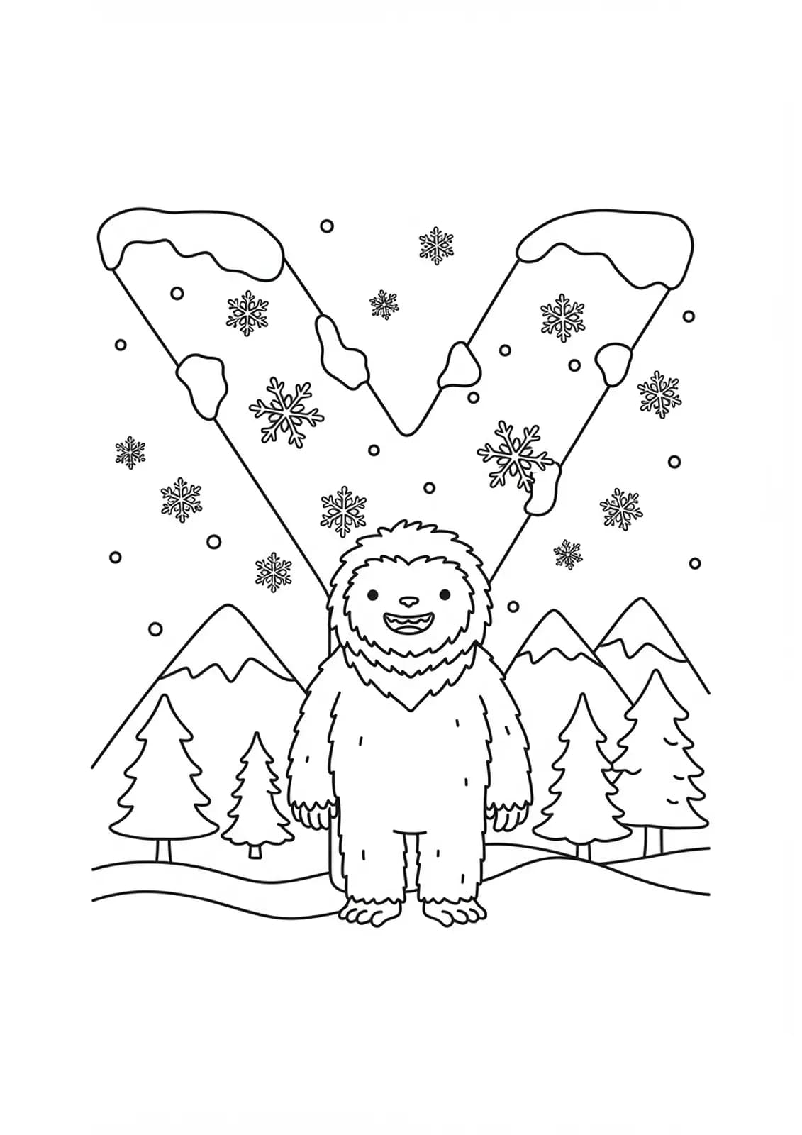 Letter Y coloring page with a smiling yeti, snowflakes, and pine trees in a mountain scene.